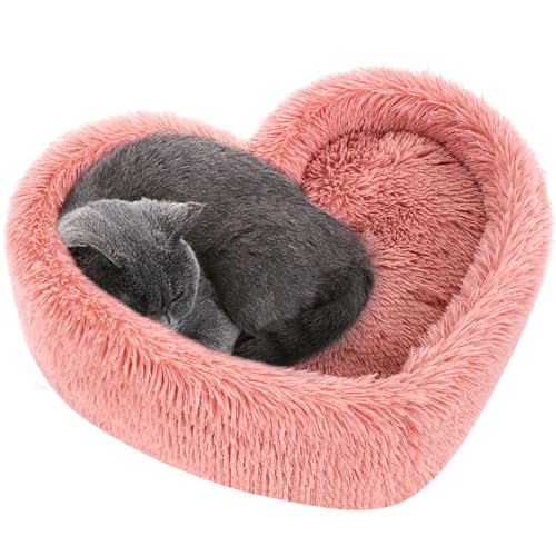 Cat Beds for Indoor Cats - Heart Calming Cat Bed with Removable Washable Cushioned Pillow, Fits Cats up to 30 lbs or Puppy Bed for Small dogs, Faux Fur Self Warming Pet Bed Non-Slip Cat House, Pink - Pink