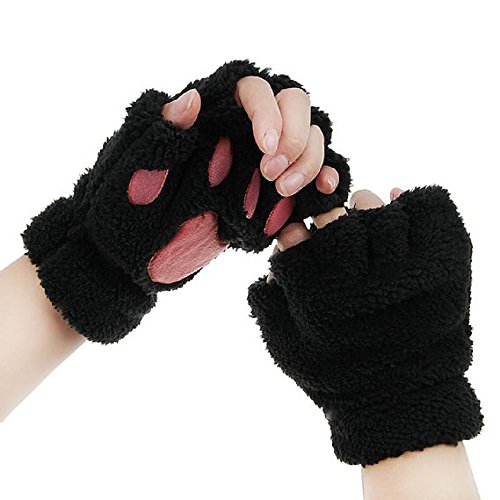 Himine Cat Claw Bear Paw Fingerless Winter Plush Gloves 1*Pair - Black
