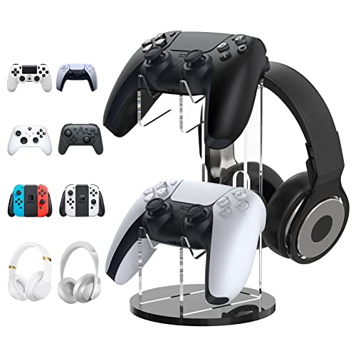 MoKo Universal Stand for Gamepad and Headphone Stand, 2 in 1 Game Controller Stand Holder Storage Organizer for ps5, ps4, Xbox One, Xbox Series, Controller Stand Gaming Accessories, Black&Clear - Black&Clear