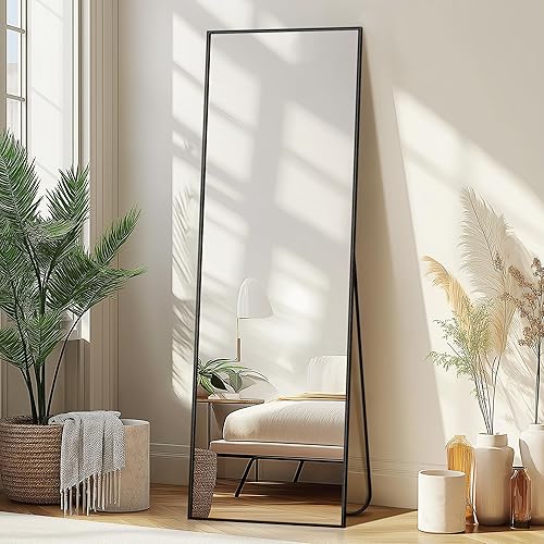 Delma Wall Mirror Full Length Mirror,Standing Mirror Full Body,Large Floor Mirror for Wall Door Bedroom Bathroom Living Room with Aluminium Frame(with Stand,56x15-Black) - Rect Black - 56"L x 15"W