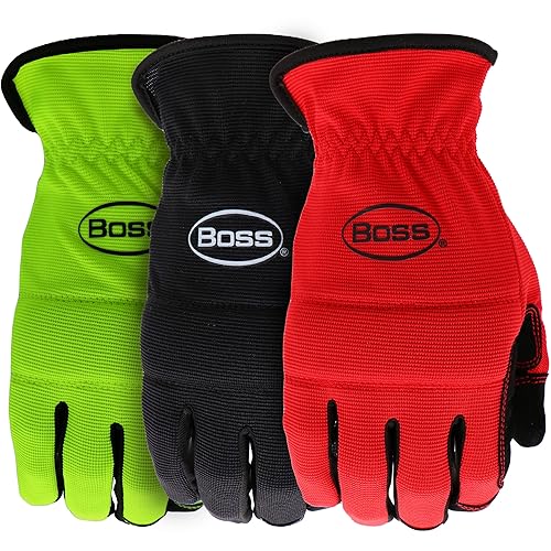 BOSS Men's Task 3-Pack High Performance Synthetic Leather Palm Work Gloves, Abrasion Resistant, Black, Red, Yellow, XL - Large - Knuckle Padding 3-pack