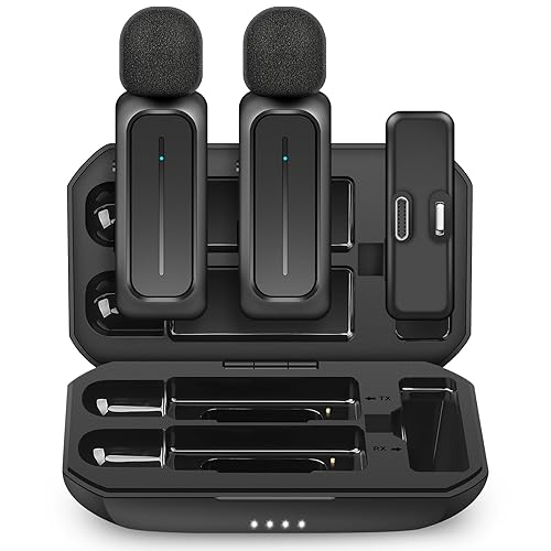 ECOMXIA 2 Pcs Wireless Lavalier Microphone for iPhone iPad Android with Charging Case 7H Clip on Lapel Microphone Wireless for Video Recording Vlogging, YouTube, Interview, 3 Mode Denoise, 70ft - Black