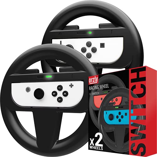 Orzly Steering Wheels for Nintendo Switch & OLED Joy-Cons, Racing Wheels for Mario Kart 8 Deluxe [Mariokart Switch Steering Wheel Joycon Controller Attachment Accessories]-TWIN PACK [2X Black Wheels] - 2x BLACK Steering Wheels for Nintendo Switch