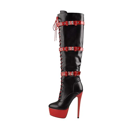 Richealnana Women's Platform Lace Up Stiletto High Heels Knee High Boots - 5 - Black and Red