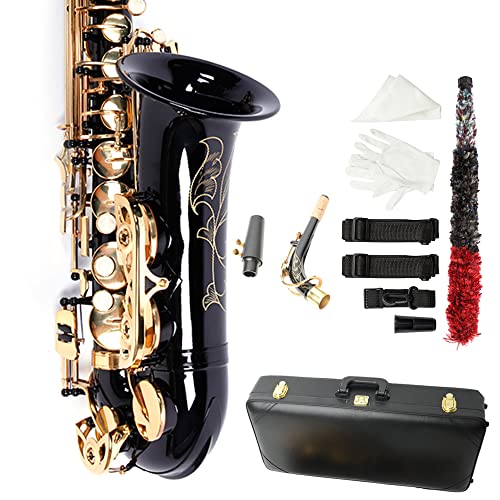 Ktaxon Alto Saxophone Drop E Brass Sax Full Kit for Student Beginners with Carving, Mouthpiece, Carrying Case, Gloves, Cleaning Cloth Bar, Detachable Strap, Shoulder Strap, Reed - black
