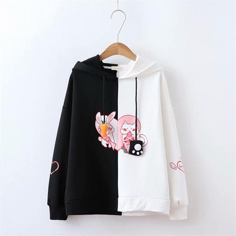 Bunny vs Kitten Hoodie - A Fun and Adorable Hoodie featuring Bunnies and Kittens - Black / White