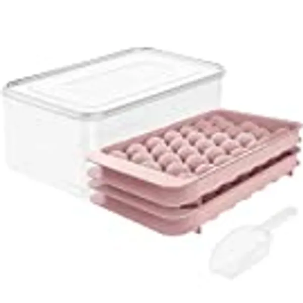 Round Ice Cube Tray with Lid Ice Ball Maker Mold for Freezer with Container Mini Circle Ice Cube Tray Making 66PCS Sphere Ice Chilling Cocktail Whiskey Tea Coffee(2 Pink Trays 1 ice Bucket & Scoop)