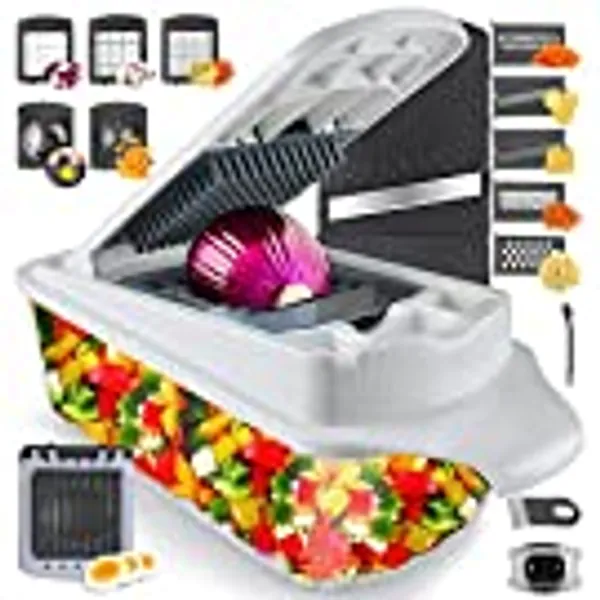 RüK Vegetable Chopper Slicer Onion Chopper Dicer, Multi 22-in-1 Veggie Mandoline Slicer Food Chopper Cutter for Tomato Fruit with Lemon Squeezer, E-Recipe, 11 Blades, Egg Separator & Slicer, Container