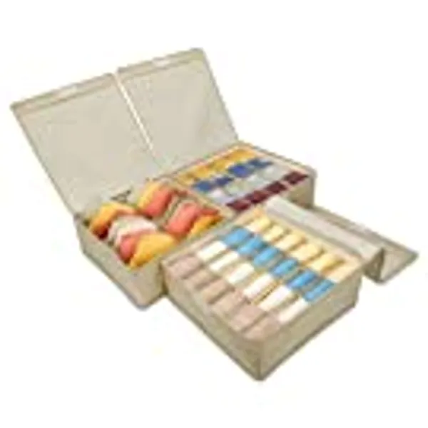 3 Pack Socks Underwear Drawer Organizer Divider Lid, 39 Cell Drawer Organizers Fabric Foldable Cabinet Closet Organizers and Storage Boxes, for Clothes, Socks, Lingerie, Underwear, Ties ( Beige)