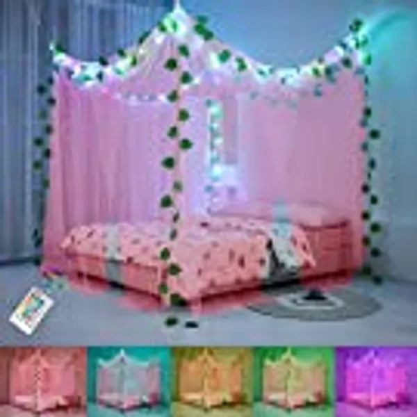 Akiky Princess Pink Canopy Bed Curtains with 16 Color LED Light Bed Net Dome Bed Net for Girls Women with Fake Plant Vine Leaves Decoration (Pink,Queen/King)
