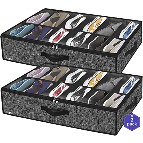 Onlyeasy Sturdy Under Bed Shoe Storage Organizer, Set of 2, Fits Total 24 Pairs, Underbed Shoes Closet Storage Solution with Clear Window, Breathable, 29.3"x23.6"x5.9", Linen-like Black, MXAUBSB2P - 2 Shoes (12+12 Cells) Linen-like Black