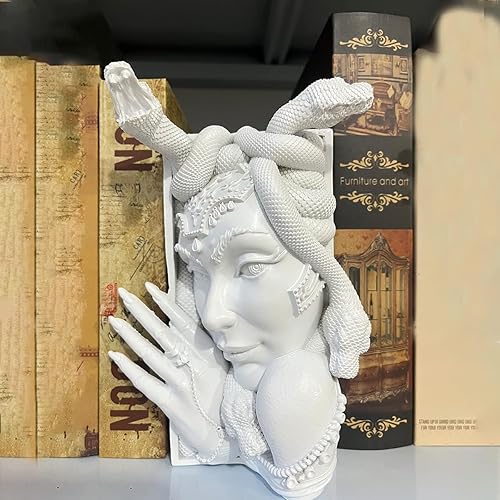 Medusa Head Book Nook, Unique Snake Women Face Decorative Bookends, Heavy Duty Book Stopper for Home Office Desk, Vintage Shelf Decor (White) - White