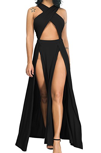 Velius Women Sexy Hollow Out Halter Wrap Sleeveless Plain Pleated Slit Casual Long Maxi Dress - Large - Black