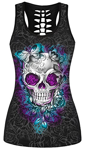 Sister Amy Women's Skull Print Hollow Out T-Shirt Crew Neck Plus Size Top - Large - B-butterfly Skull