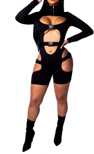 Yeshire Women's Bodycon Bag Buckle High Neck Long Sleeves Sexy Hollow Out Rompers Jumpsuits Clubwear - Small Black