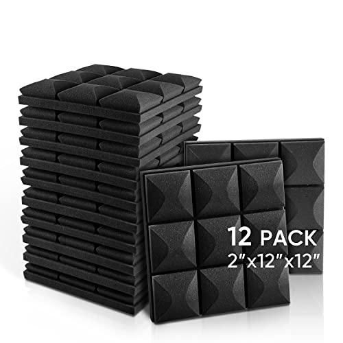 Fstop Labs Acoustic Foam Panels, 12 Pack Black 2'' X 12" X 12" Mushroom Studio Wedge Tiles, Sound Panels Sound Proof Foam Panels Sound Proofing Padding For Wall - 12 Pack - Black (3 X 3)