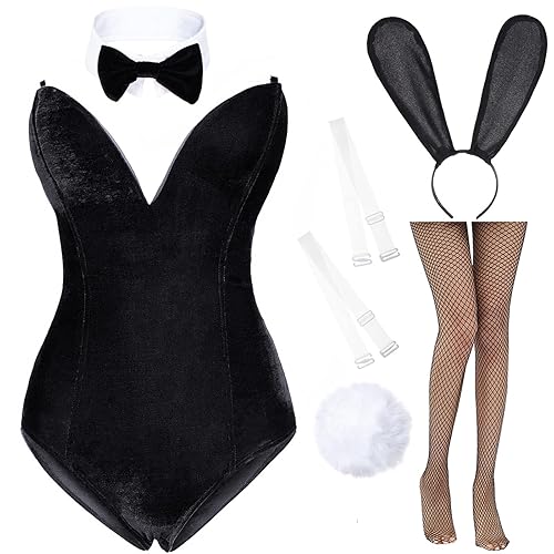 AiMiNa Anime Womens Bunny Costume Girl Suit One Piece Bodysuit Halloween Cosplay Catsuit Bunny Headband Stockings Set - Small - Black