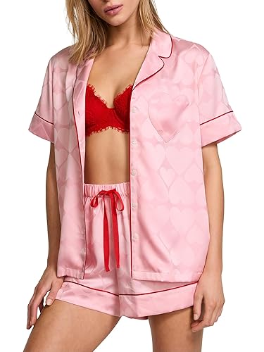 Victoria's Secret Satin Pajama Set, Short Sleeve Button Down Shirt & Shorts, Sleepwear for Women (XS-XXL) - Small - Pretty Blossom