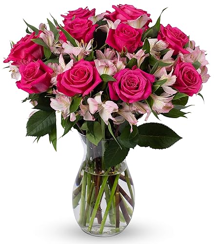 Benchmark Bouquets - Charming Roses & Alstroemeria (Glass Vase Included) – Fresh Flowers for Delivery - Gift for Easter, Mother’s Day, Birthday, Anniversary, Sympathy, Get Well, Congratulations - Pink/Pink