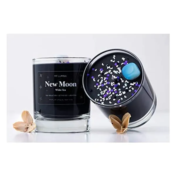 
                            My Lumina New Moon Aromatherapy Candle w/ Moonstone Crystal Inside -Natural Stone Healing Energy, Stress Relief, Relaxing & Balance- Soy Wax Scented Candle Home - Gift for New Beginnings - Night Black
                        