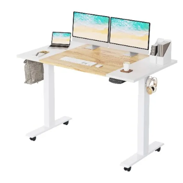 FEZIBO Height Adjustable Electric Standing Desk with Pencil Holder, 55 x 24 Inches Stand Up Desk, Sit Stand Desk with White and Light Rustic Top and White Frame