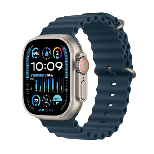 Apple Watch Ultra 2 [GPS + Cellular 49mm] Smartwatch with Rugged Titanium Case & Blue Ocean Band One Size. Fitness Tracker, Precision GPS, Action Button, Extra-Long Battery Life, Bright Retina Display - Blue Ocean Band - One size - fits 130-200mm wrists