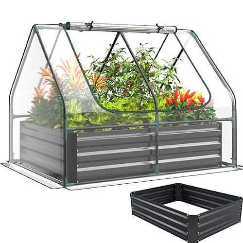 TANGZON Raised Garden Bed with Greenhouse, Galvanised Steel Planter Box Kit with PVC Cover, 2 Roll-Up Windows, Outdoor Vegetable Herb Flower Container Grow House (Grey+Clear, 127 x 95 x 93 cm) - 127 x 95 x 93 cm - Grey+Clear