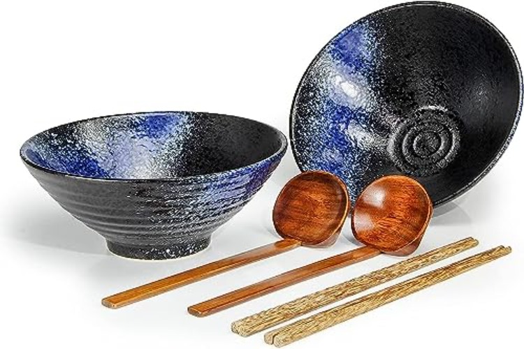 YTLEMON Ceramic Ramen Bowls Set of 2 - Ideal for Noodle Salad Pasta Dinnerware Pottery Japanese Bowl 2×1000 ml 34 Ounces Capacity with Chopsticks and Spoon Men and Women Gifts Ideas Porcelain - Starry Blue