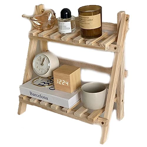 Wooden Double Layer Rack Desk Storage Organizer, Foldable 2-tier Ladder Shelves, Durable Shelf Flower Pot Seasoning Racks, Sundries Shelf, Home Decor Ladder