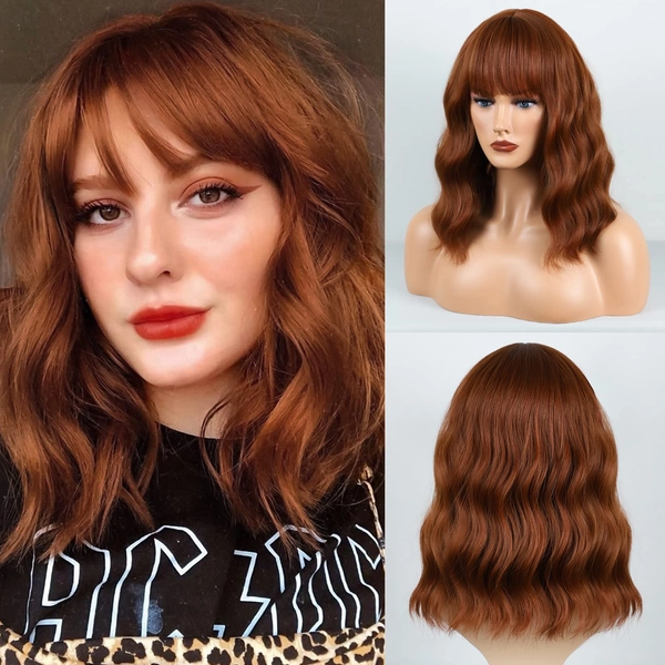BOGSEA Auburn Wig with Bangs Short Auburn Wigs for Women Synthetic Wavy Wig Heat Resistant Hair Short Bob Wigs for Everyday Party (Auburn)