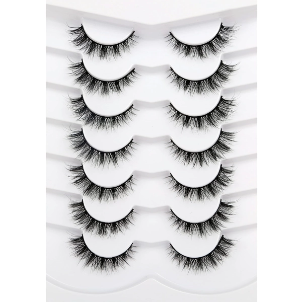 Pooplunch False Eyelashes Cat Eye Lashes Natural Look Wispy Short Fluffy 8D Faux Mink Lashes Wispies Fake Eyelashes Strips 7 Pairs Multipack