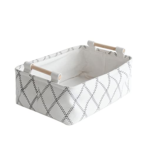 [LUFOFOX] Decorative Collapsible Rectangular Fabric Storage Bin Organizer Basket with Wooden Handles for Storage - 11×6.7×3.5 Inch / White