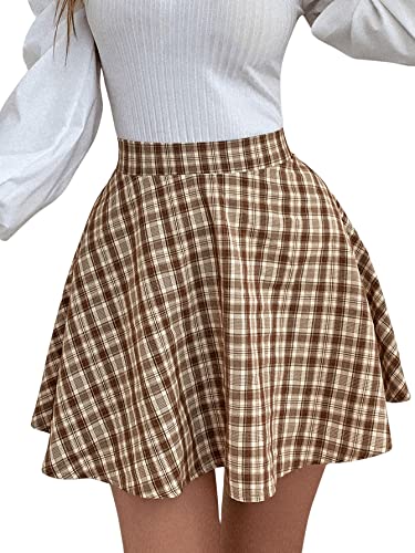 [Verdusa] Women's Plaid Print High Waist Mini Skirt - Small/Brown