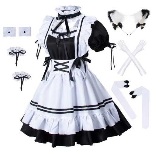 [Wannsee] Anime French Maid Apron Lolita Fancy Dress Cosplay Costume, Furry Cat Ear Gloves Socks Set - Medium Black/White