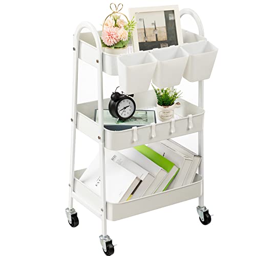 [danpinera] 3-Tier Metal Rolling Storage Cart with Lockable Wheels & Hanging Cups & Hooks - White