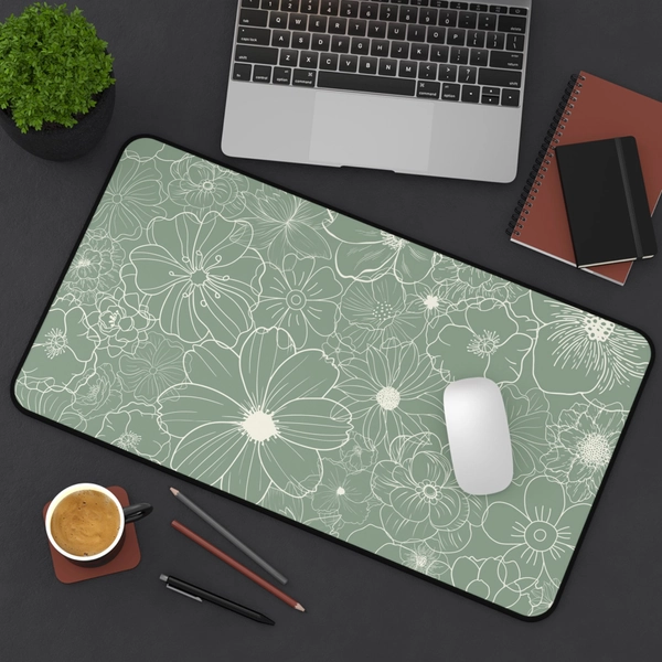 Sage Green Floral Desk Mat - 15.5" x 31"