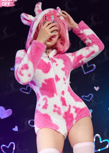 Women Sexy Onesie Pajama Fluffy Pink Cow Print Bodysuit Hooded Homewear with Choker and Socks
