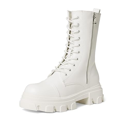 DREAM PAIRS Women’s Combat Boots Lace up Mid Calf Boots Low Heel Chunky Platform Lug Sole Boots - White - 9