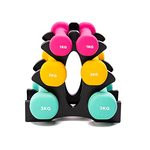 PRISP Dumbbells Set with Rack, 3 Pairs of Neoprene Free Weights with Stand - Pink, Yellow & Teal - 3 - 1.0 / 2.0 / 3.0 KG
