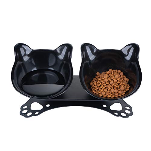 Pantula Cat Bowls - Tilted cat Food Bowls - Raised cat Food Bowl Pet Double 15° Slanted cat Bowls Elevated with Non-Slip Rubber Base Stand for cat Dish (Black) - Black