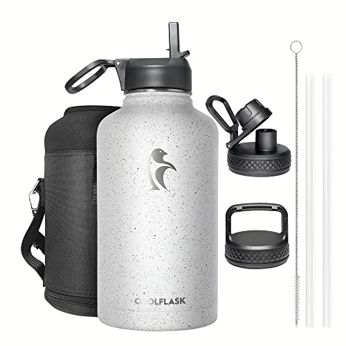 Half Gallon Water Bottle Insulated 64 oz with Straw&3 Lids, Coolflask Galaxy Large Metal Reusable Stainless Steel Vacuum Water flask Jug Thermo for Gym, Sports and Travel, Arctic White - 64 oz - Arctic White