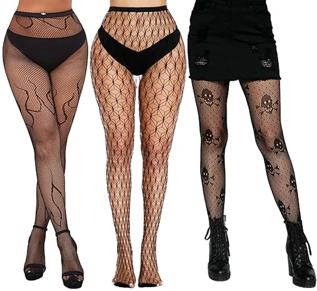 FEOYA 3 Pairs Sexy Fishnet Tights for Women Halloween Pattern Stocking Spider Web & Skull Pantyhose Cosplay Party Costume - Skull+fishnet+flame - One Size