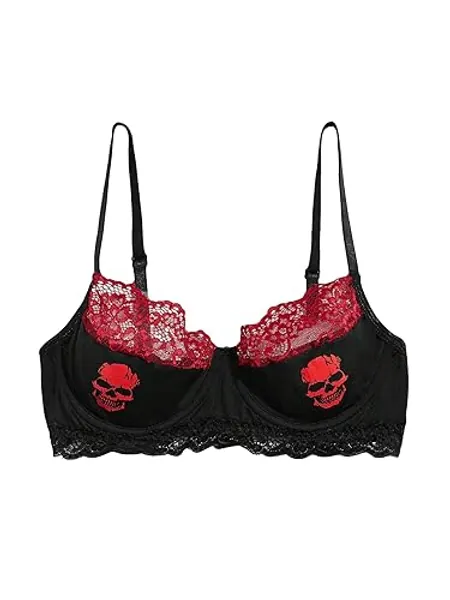 SOLY HUX Bras for Women Contrast Lace Skull Print Underwire Bra Everyday Bralette - X-Large - Black Skull