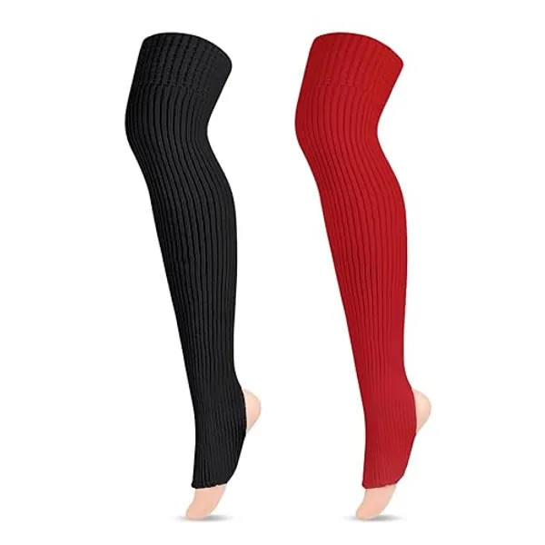 Littleforbig Thigh High School Girl Boot Socks Extra Long Over The Knee Knitted Stirrup Stockings 2 Pairs - Black/Red