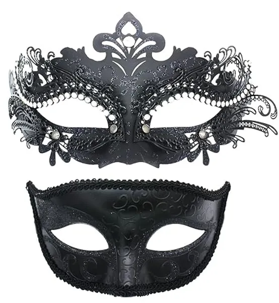 ZbFwmx Couple Masquerade Mask Set Venetian Half face Mask Costume Mask Cosplay Party Masquerade Ball - Black-black