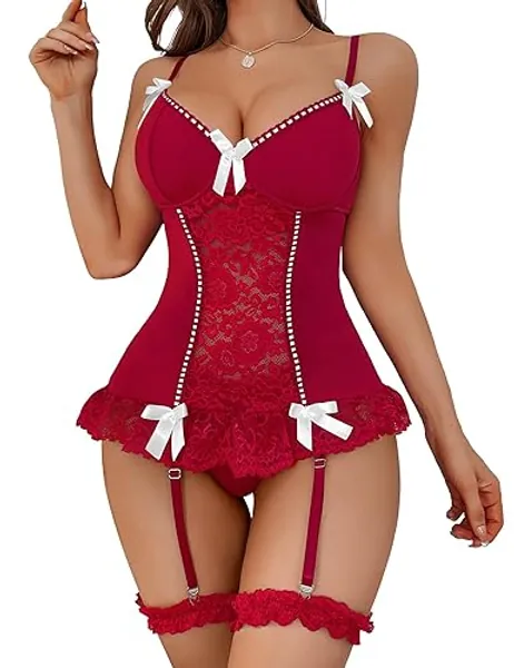 Genhoo Women Babydoll Lingerie Set with Garter Belt Corset Teddy with Panty Lace Underwire Bra Bodysuit - Wire Red - X-Large