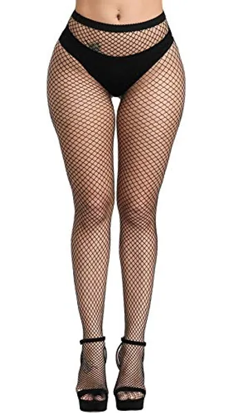 Women's High Waisted Fishnet Stockings Sexy Tights Thigh High Pantyhose - Black-m