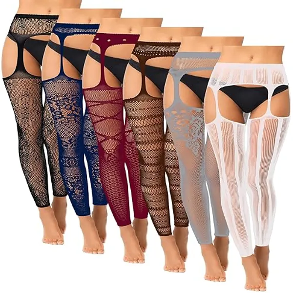 Skylety 6 Pairs Women Fishnet Thigh-High Stockings Tights Suspender Pantyhose Stockings for Women Girls - Medium-Large - Assorted Color