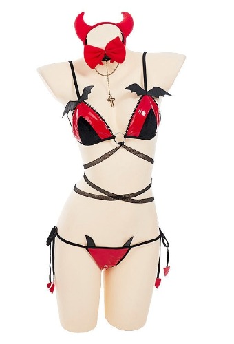 Devil Worship Bat Lingerie Set - Black and Red / S/M