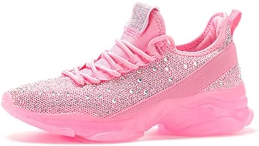 BELOS Women's Fashion Rhinestone Mesh Knit Slip On Sneaker Breathable Glitter Walking Shoes - 6 Pink Shinestones